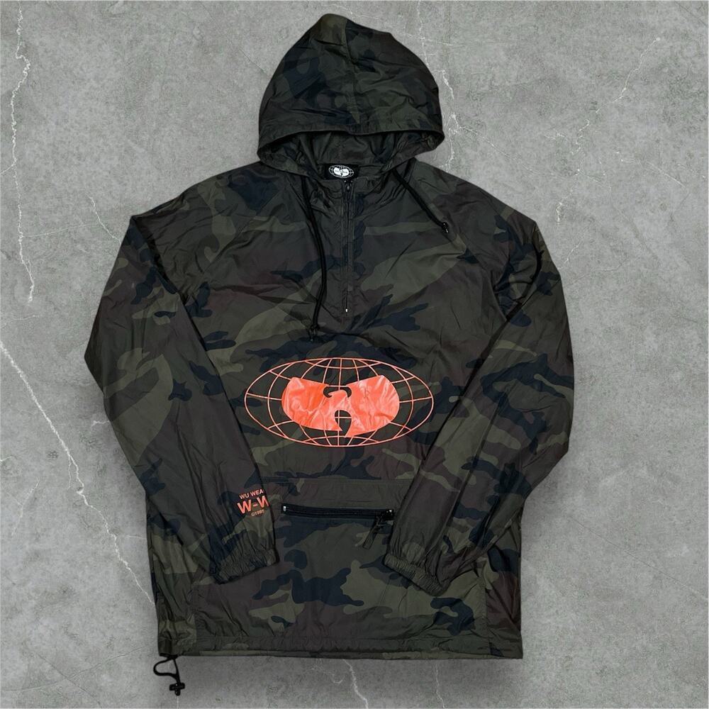 Wu-Wear Windbreaker Jacket Medium Camo Orange Logo Hooded Wu-Tang Rare GZA RZA